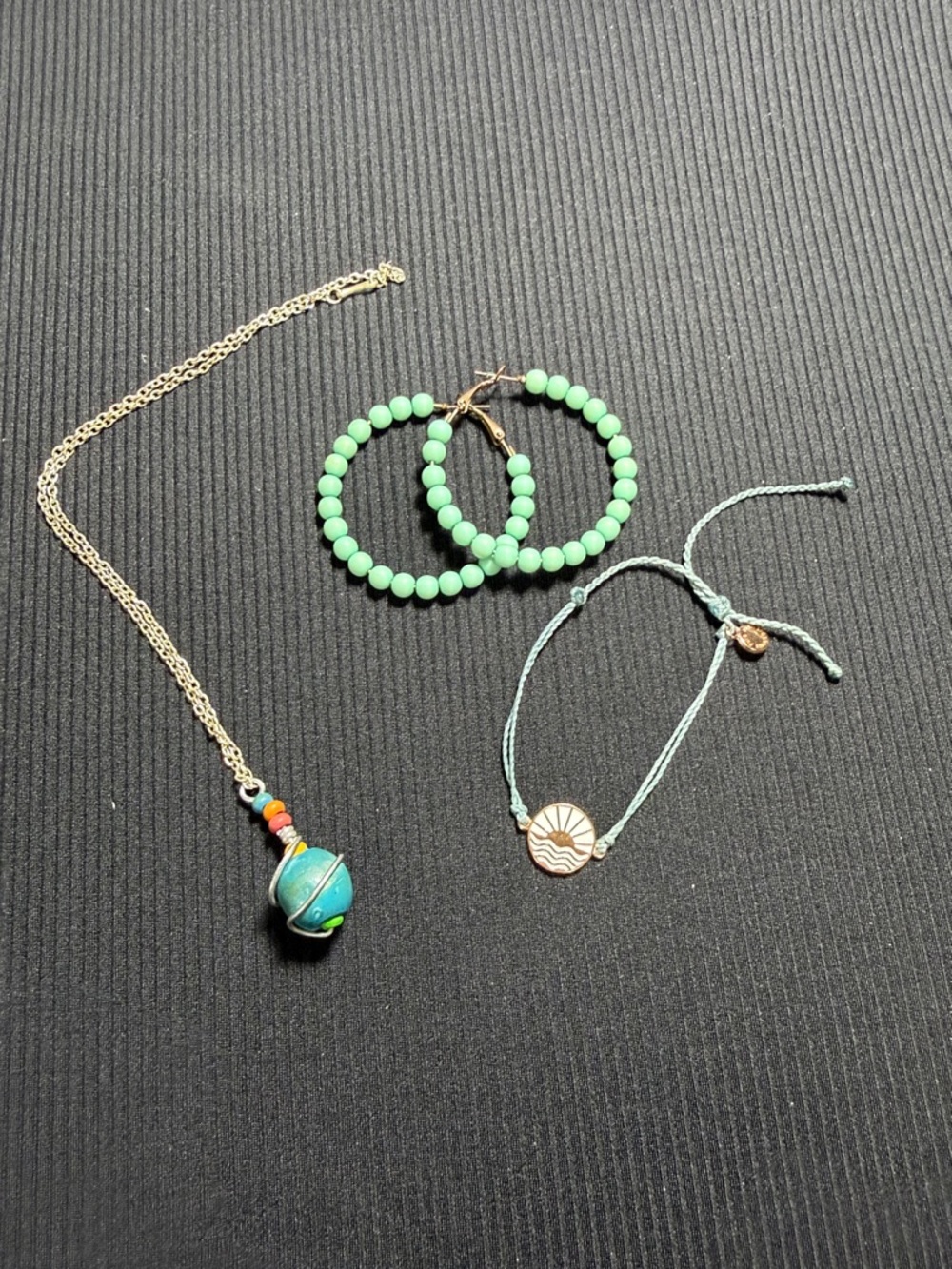 Mint Green Beaded Hoop Earrings and Turquoise Pendant Necklace Set